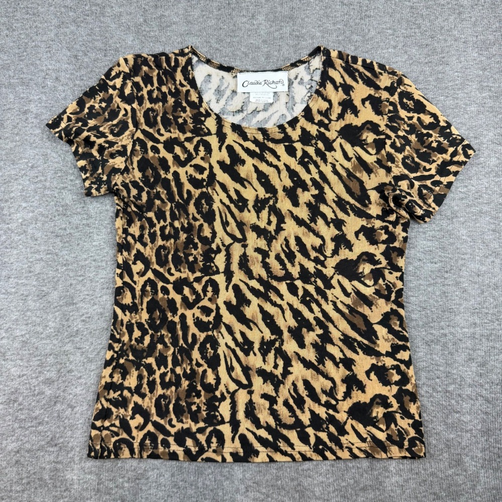 Claudia Richard Leopard Print Top Women's Medium‎ Tan Black Short Sleeve Scoop